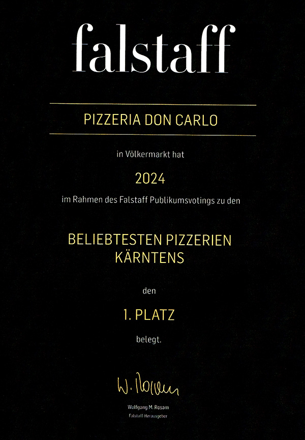 Falstaff Auszeichnung 2024 – Don Carlo als beliebteste Pizzeria Kärntens